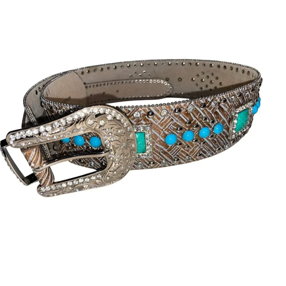 Ariat Wide Brown Western Rhinestone & Turquoise Genuine Leather Belt XL With Sil
